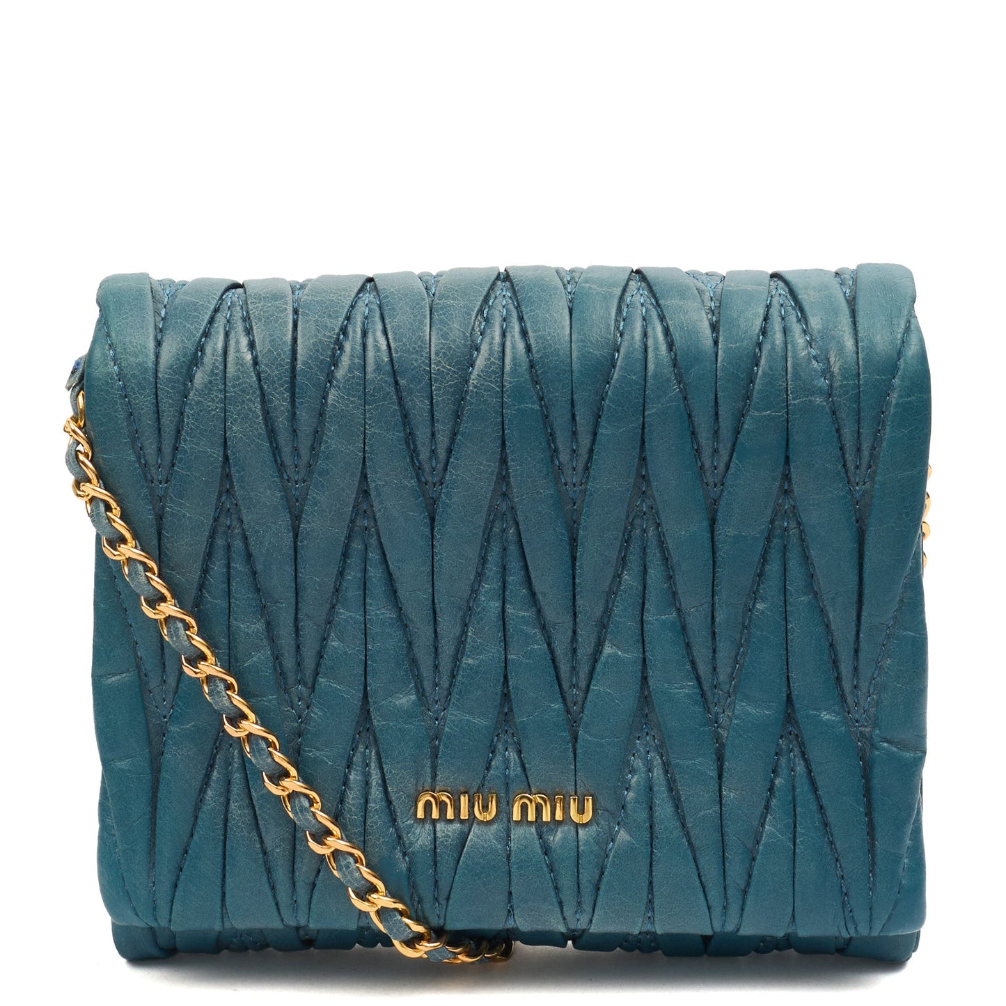 Miu Miu Cross Body Matelasse Crossbody in Blue, Leather — Front View