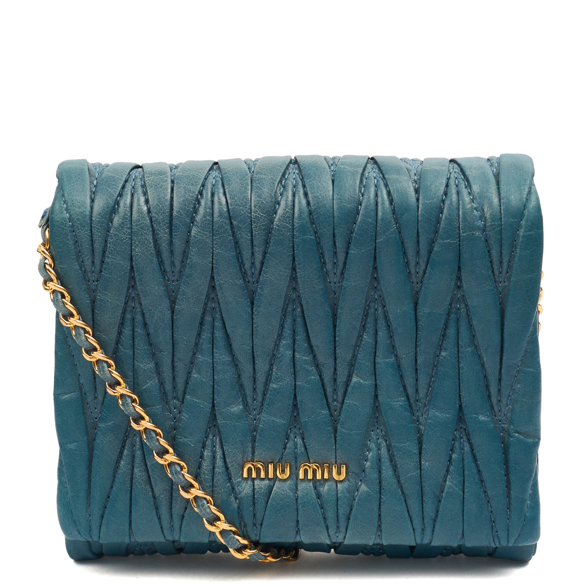 Miu Miu Cross Body Matelasse Crossbody in Blue, Leather — Front View