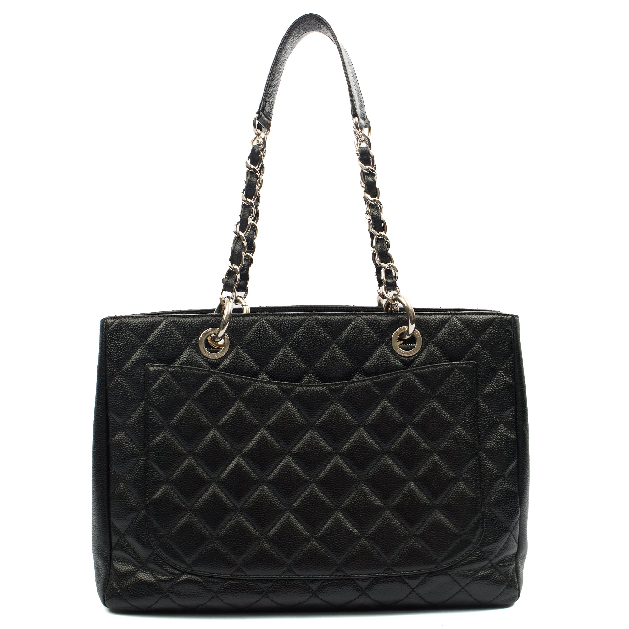 Chanel Tote Grand Shopping Tote in Black, Caviar Leather — Back View