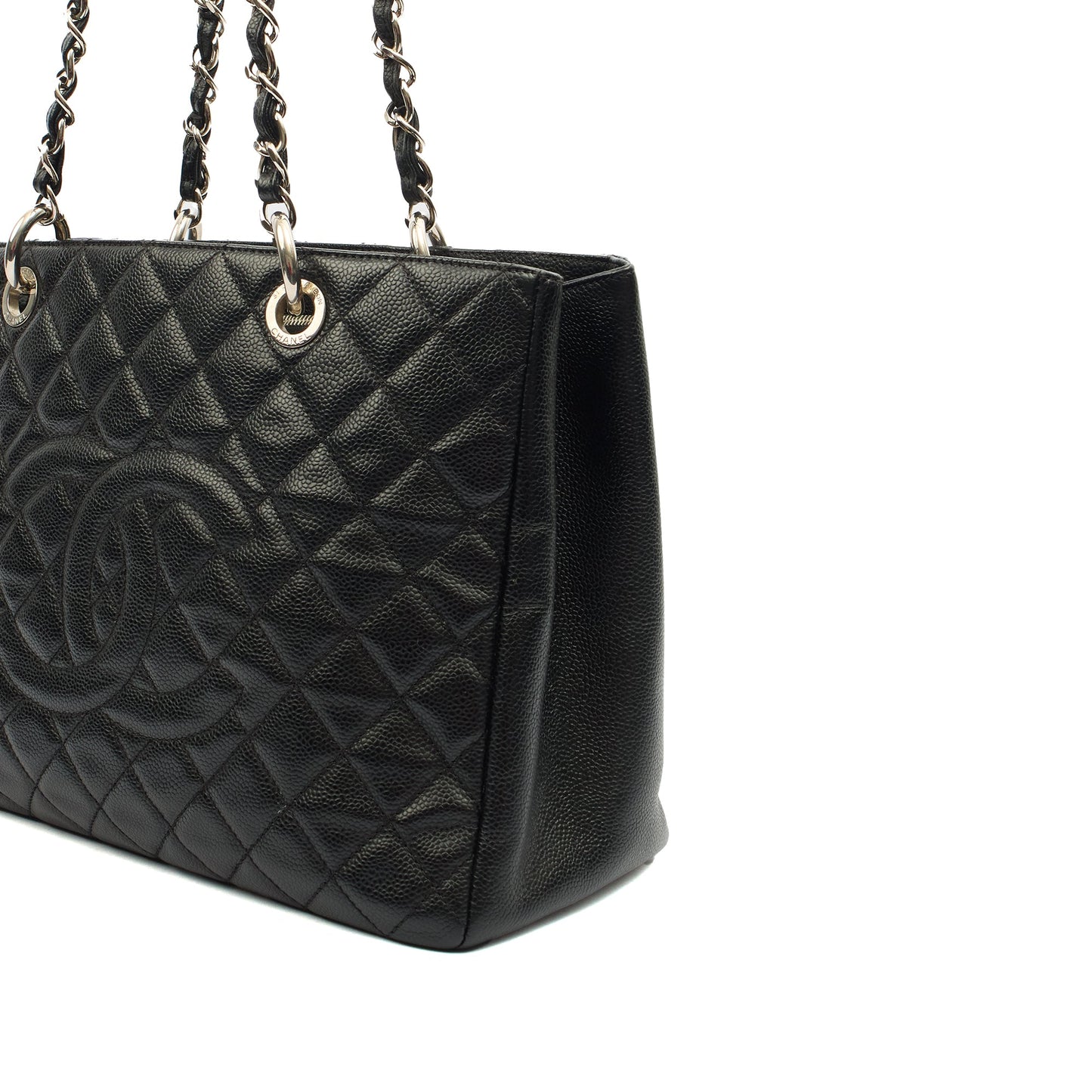 Chanel Tote Grand Shopping Tote in Black, Caviar Leather — Detail View