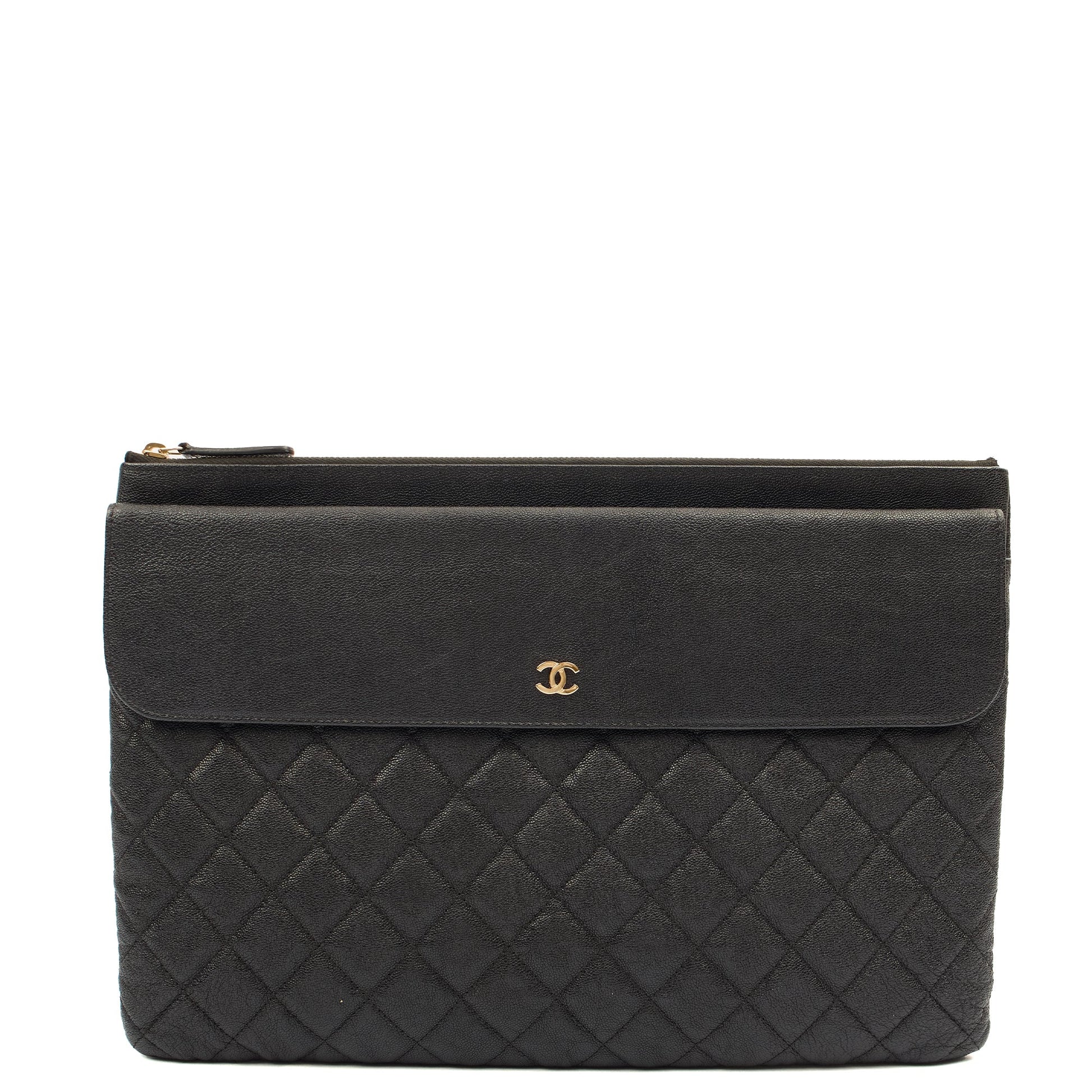Chanel Clutch Pouch in Black, Caviar Leather — Front View