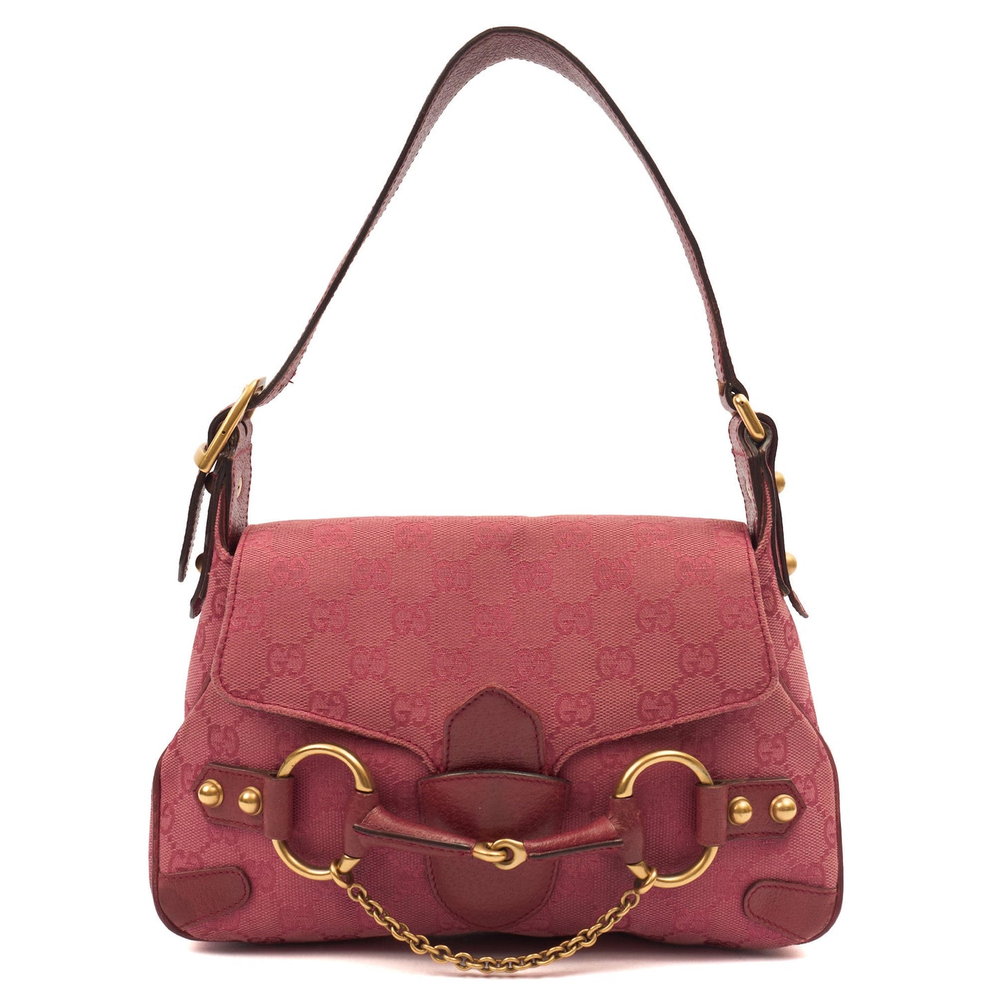 Gucci Shoulder Bag Horsebit Chain Shoulder Bag in Pink, GG Canvas — Front View
