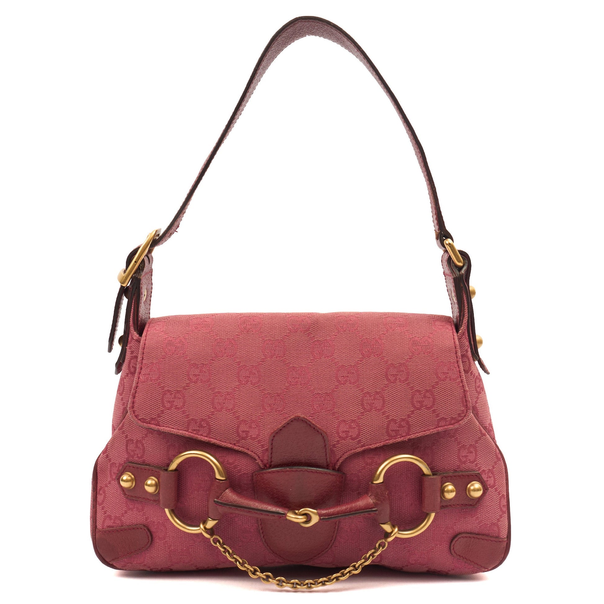 Gucci Shoulder Bag Horsebit Chain Shoulder Bag in Pink, GG Canvas — Front View