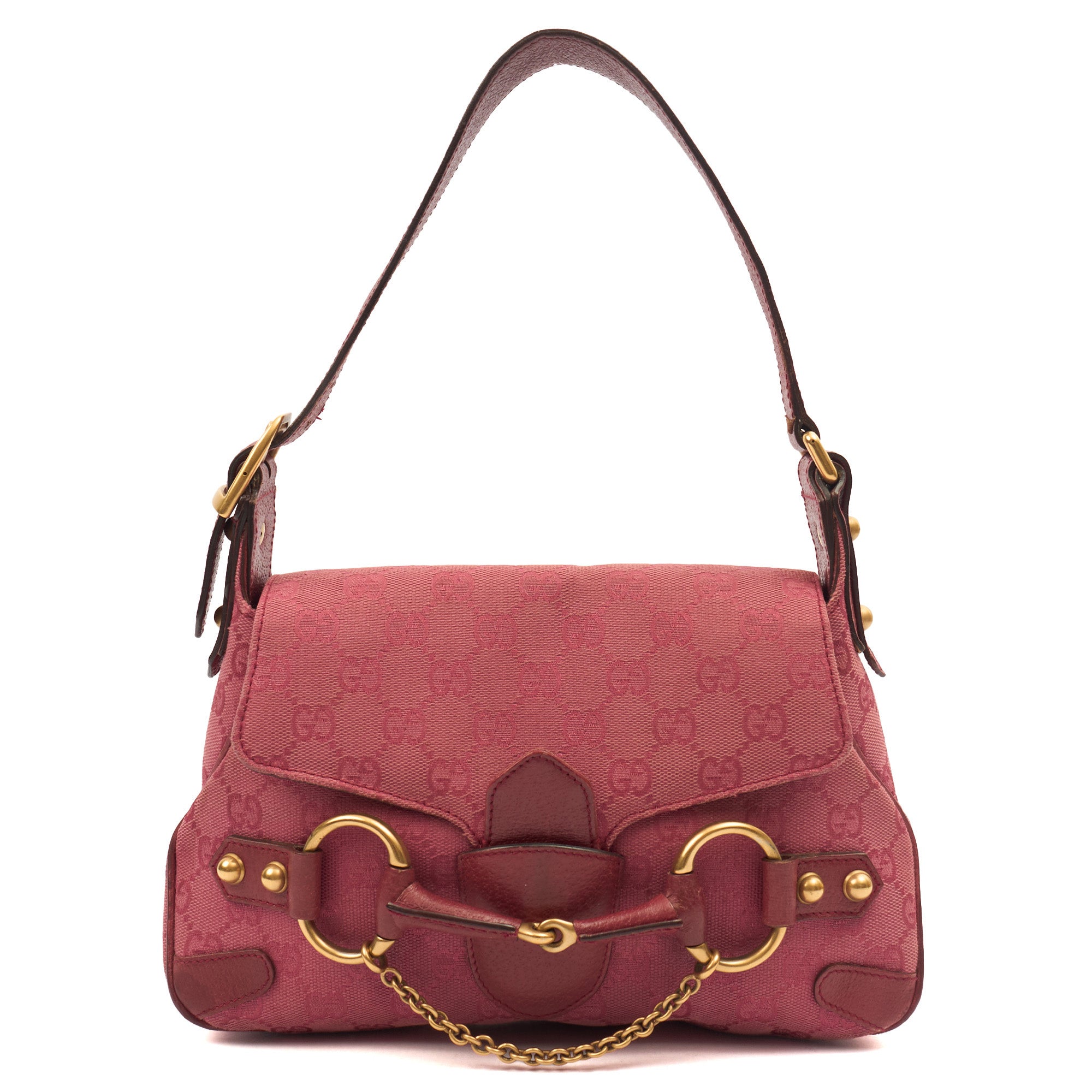 Gucci Shoulder Bag Horsebit Chain Shoulder Bag in Pink, GG Canvas — Front View
