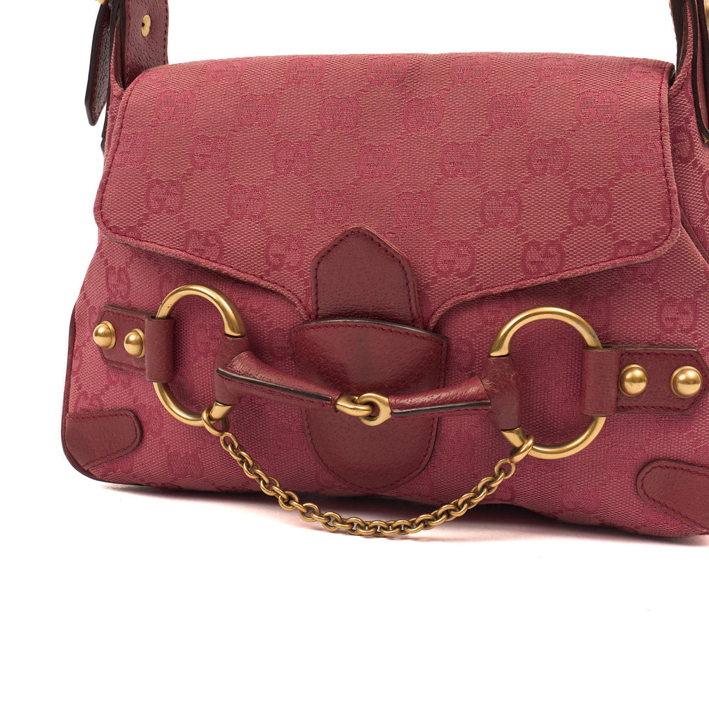 Gucci Shoulder Bag Horsebit Chain Shoulder Bag in Pink, GG Canvas — Back View