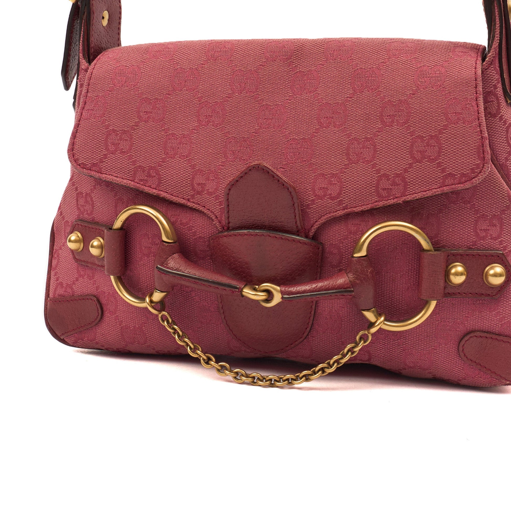 Gucci Shoulder Bag Horsebit Chain Shoulder Bag in Pink, GG Canvas — Back View