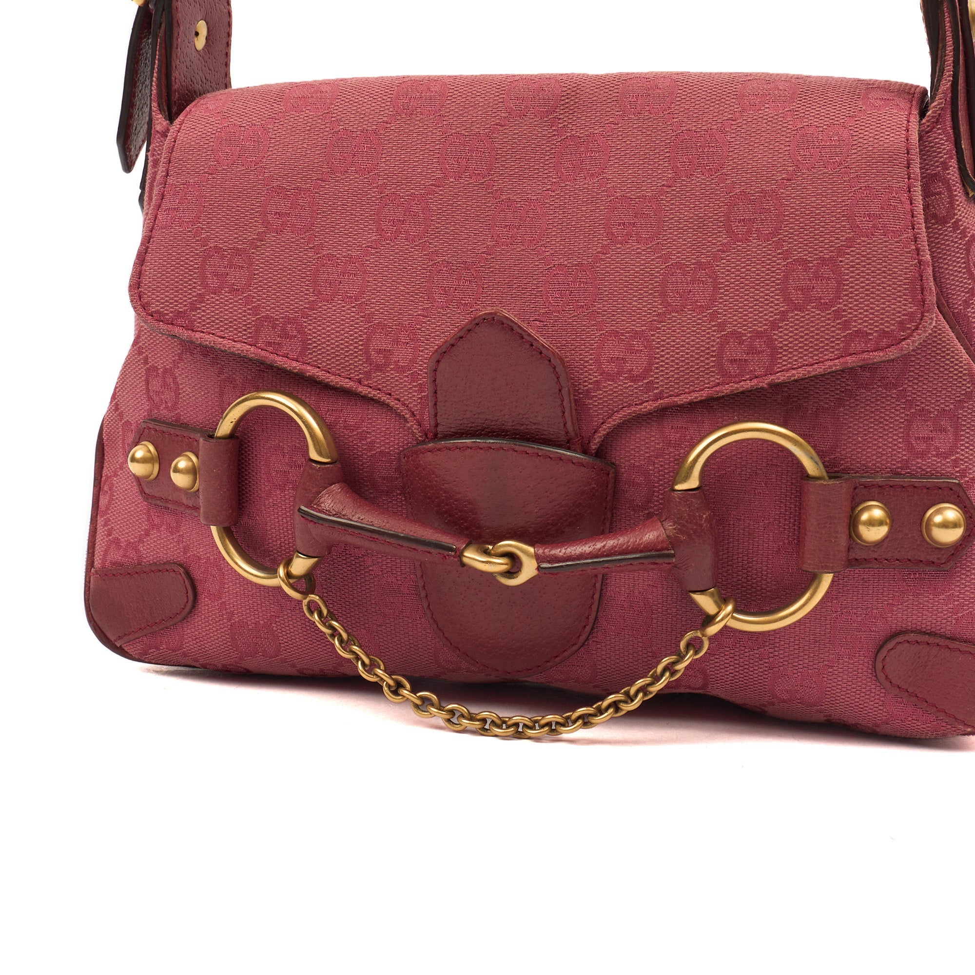 Gucci Shoulder Bag Horsebit Chain Shoulder Bag in Pink, GG Canvas — Back View