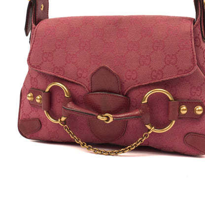 Gucci Shoulder Bag Horsebit Chain Shoulder Bag in Pink, GG Canvas — Back View