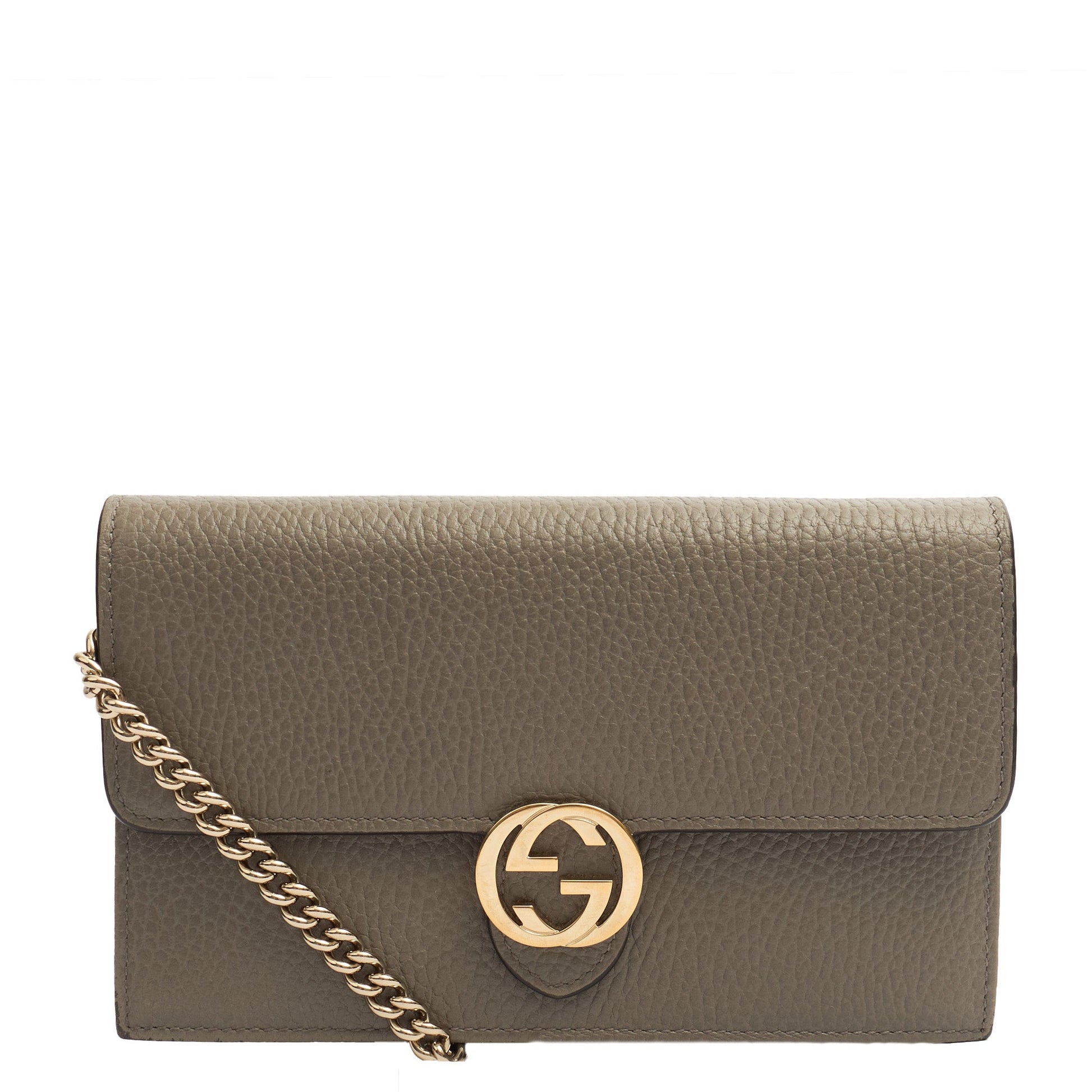 Gucci Cross Body Dollar Interlocking GG Wallet On Chain in Grey, Leather — Front View