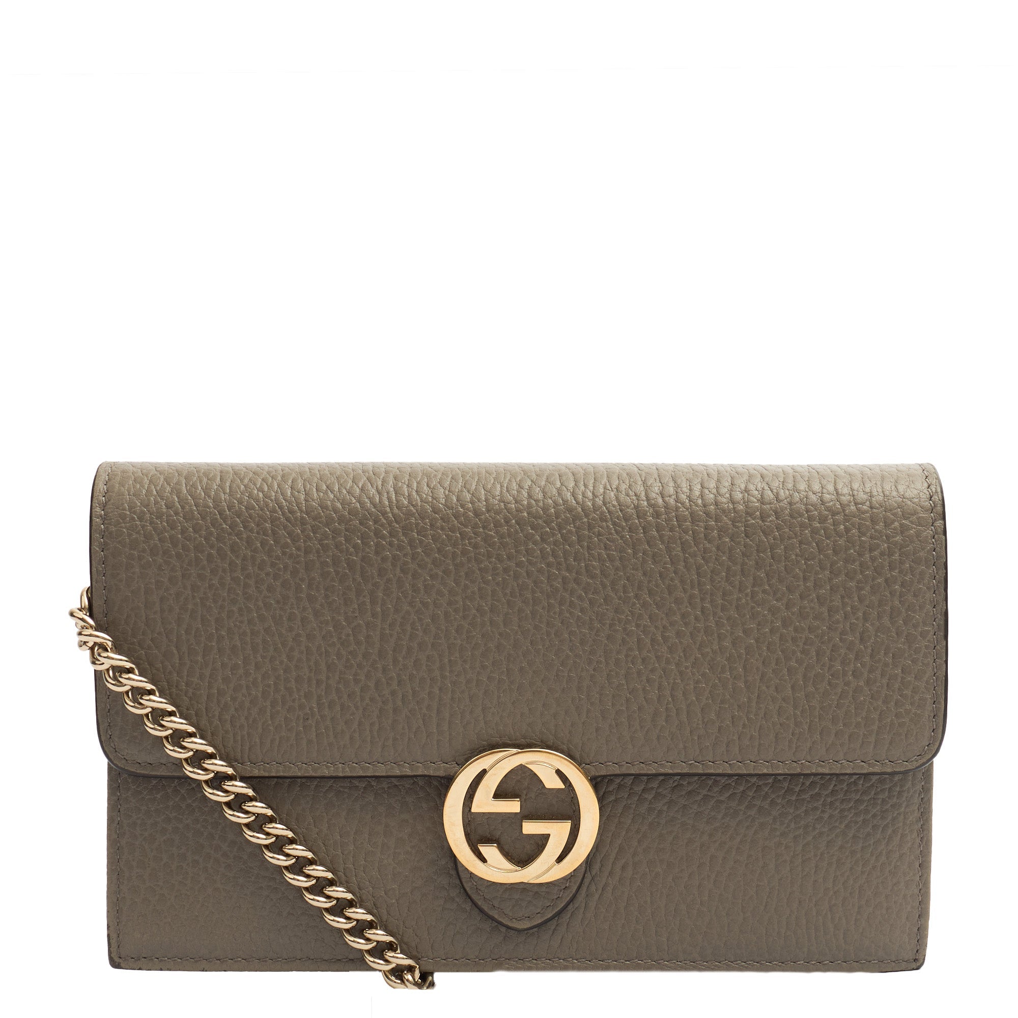 Gucci Cross Body Dollar Interlocking GG Wallet On Chain in Grey, Leather — Front View