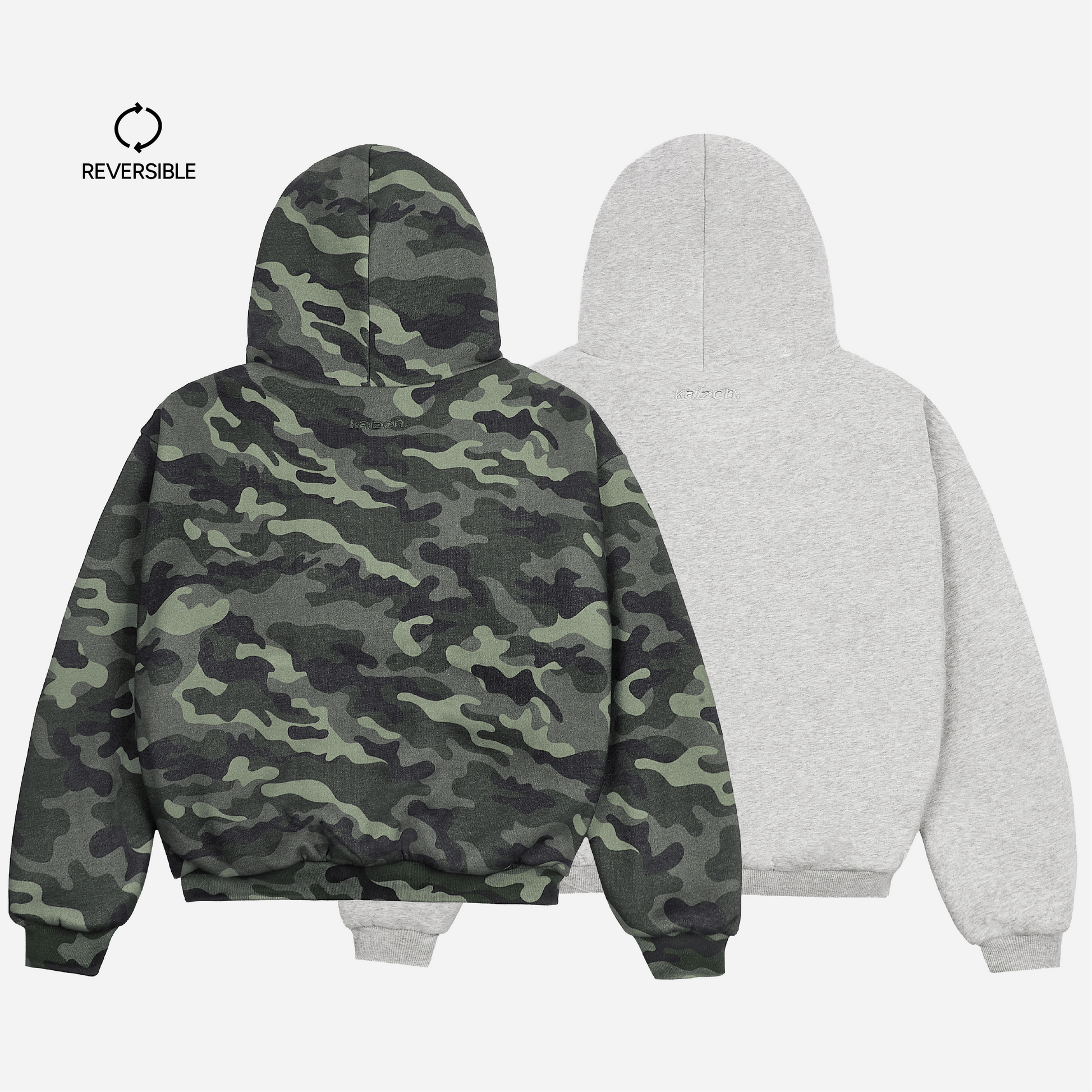 KAIZEN MARKET CAMO/GREY REVERSIBLE ZIP HOODIE — XS — Side View