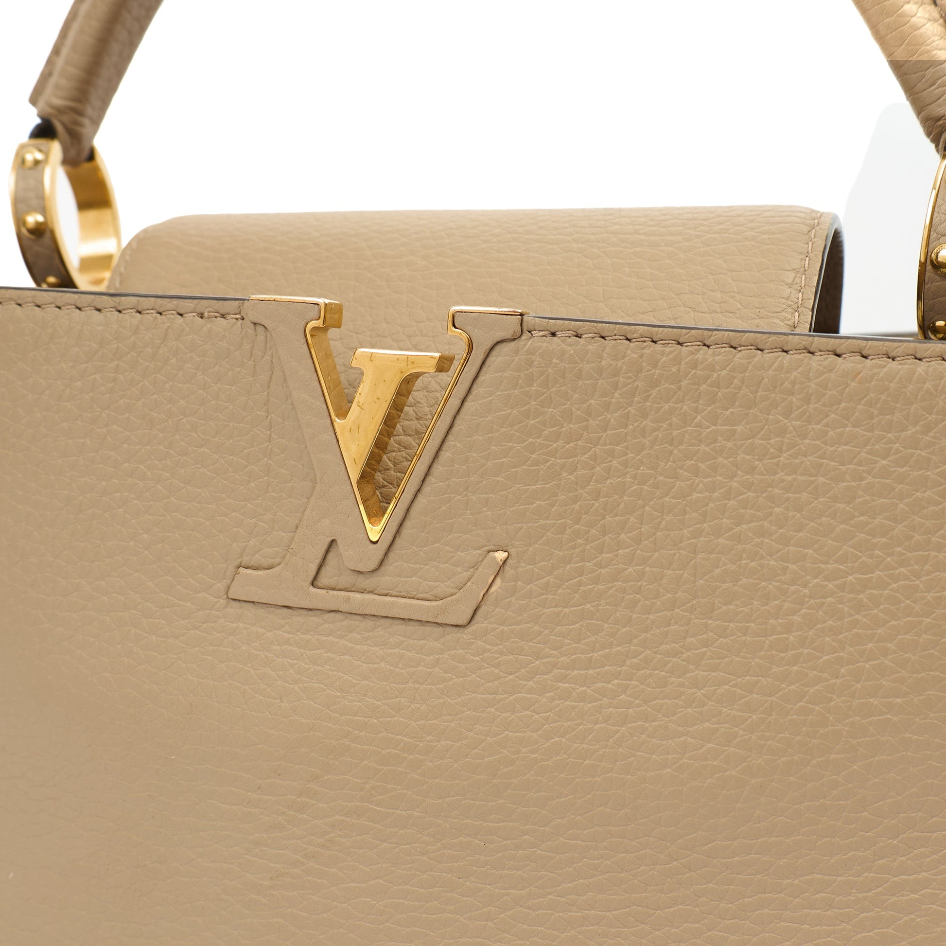 Louis Vuitton Top Handle Capucines MM in Galet, Taurillon Leather — Side View