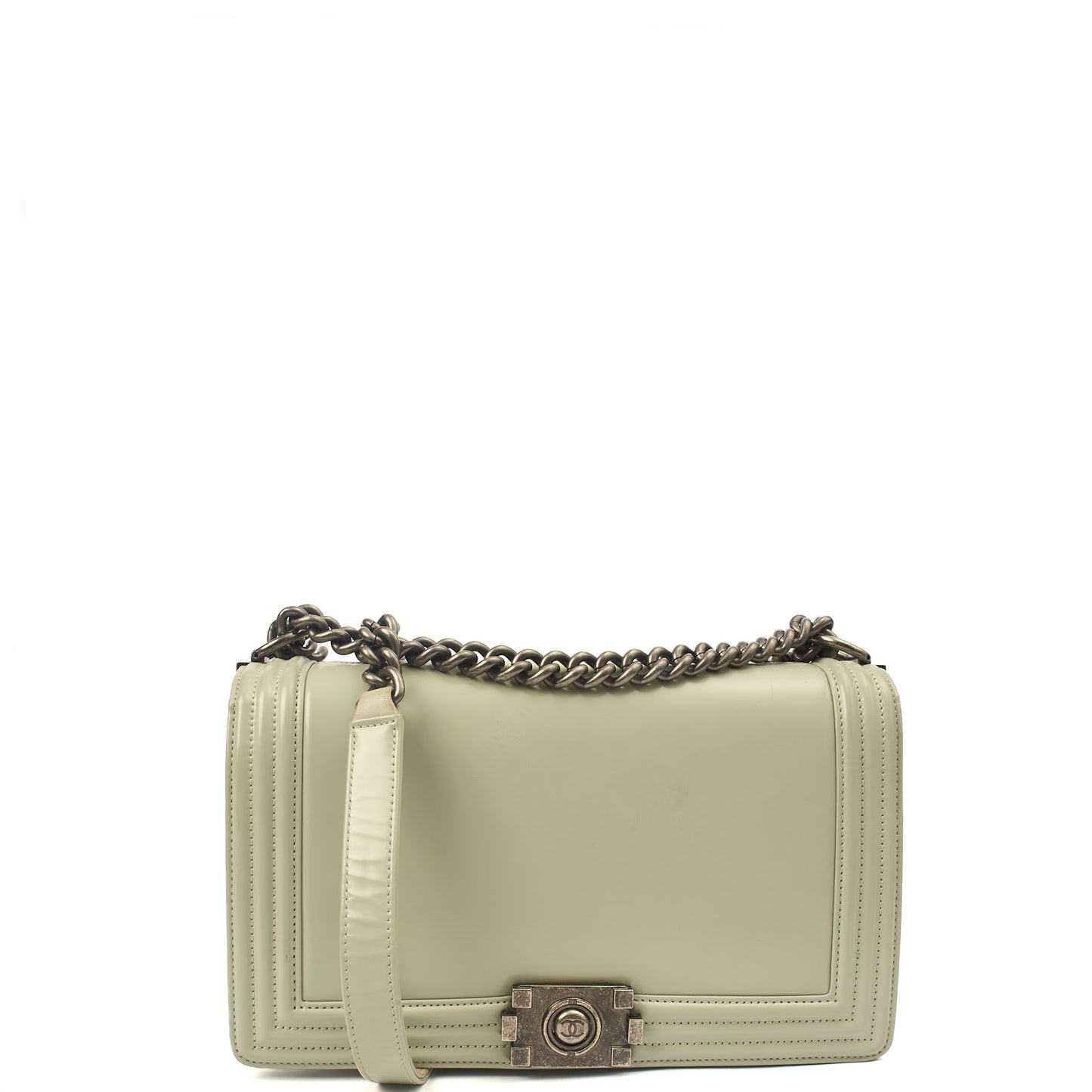 Chanel Shoulder Bag Boy - Medium in Grey, Patent Leather — Front View
