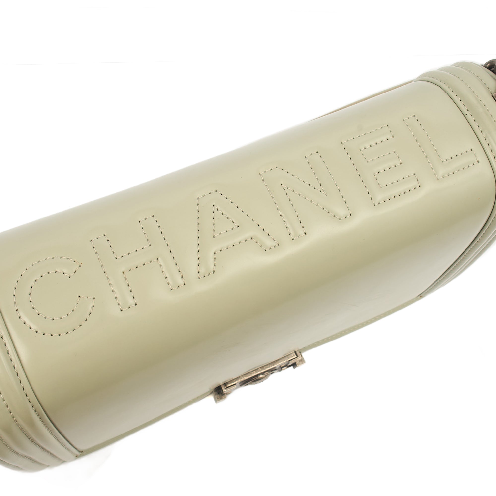 Chanel Shoulder Bag Boy - Medium in Grey, Patent Leather — Lifestyle View