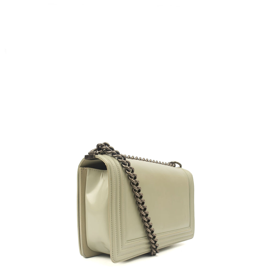 Chanel Shoulder Bag Boy - Medium in Grey, Patent Leather — Side View