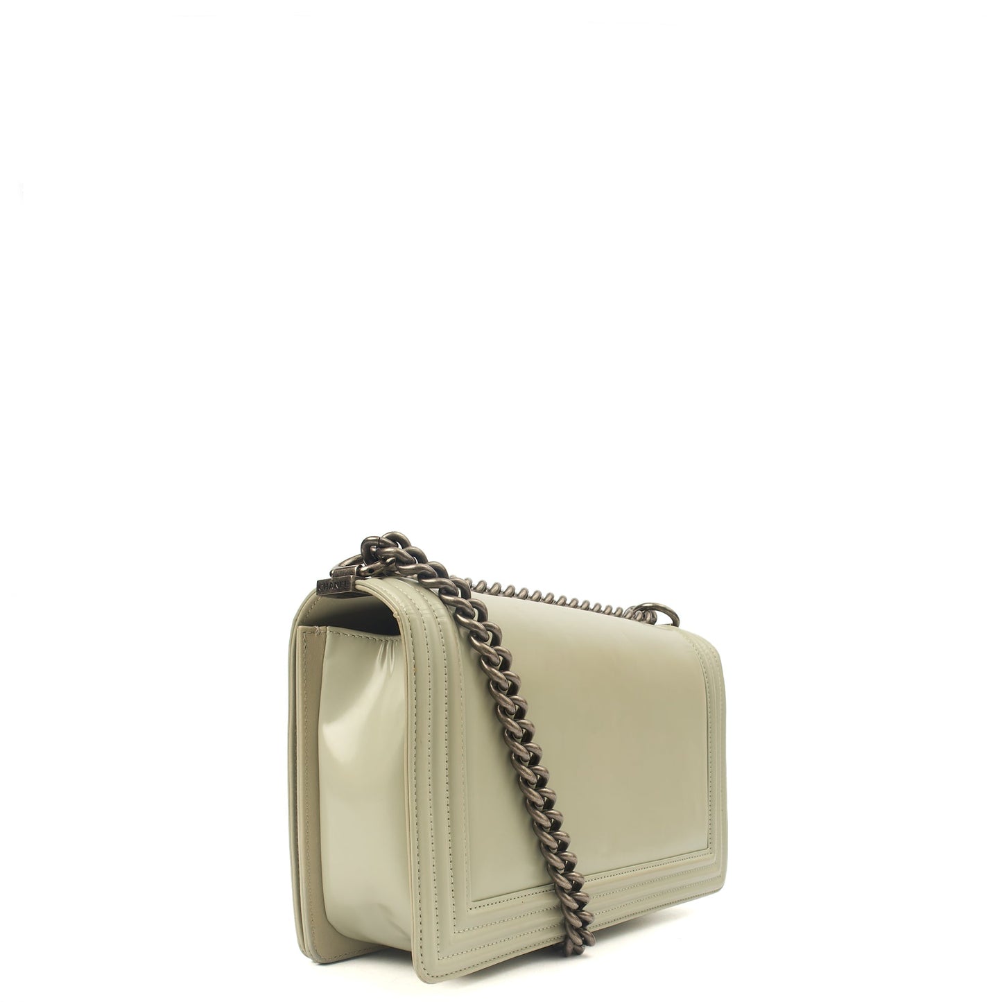 Chanel Shoulder Bag Boy - Medium in Grey, Patent Leather — Side View