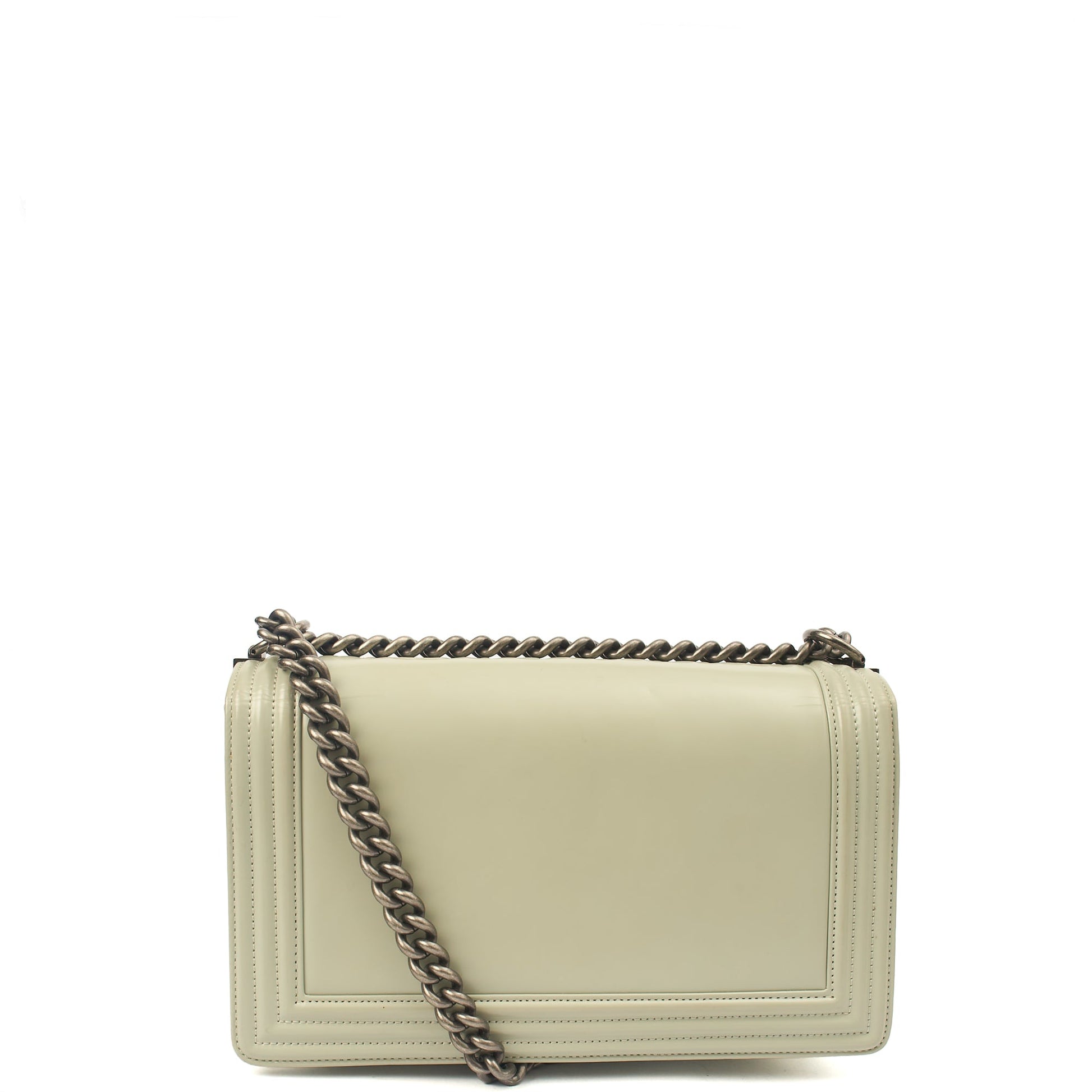 Chanel Shoulder Bag Boy - Medium in Grey, Patent Leather — Back View