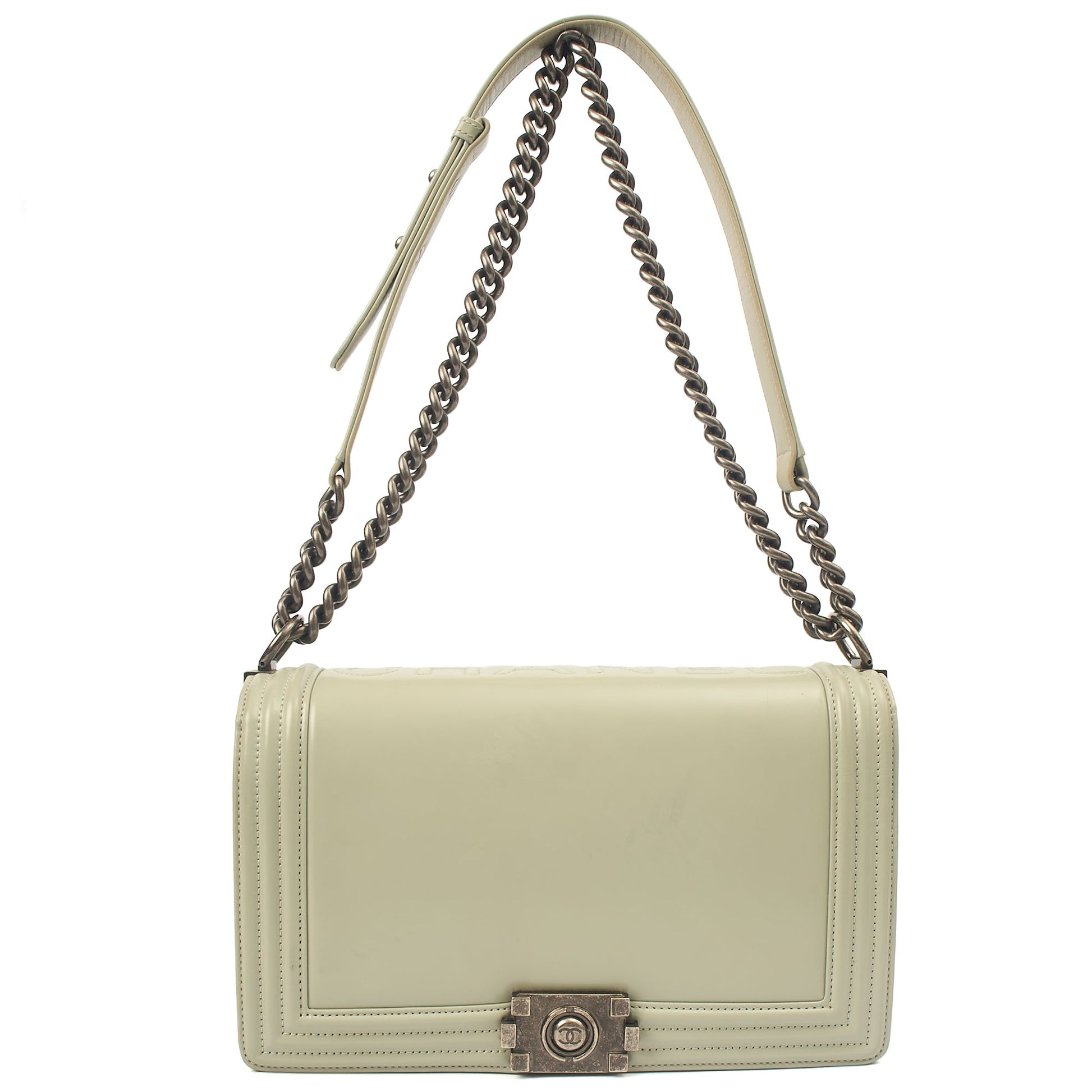 Chanel Shoulder Bag Boy - Medium in Grey, Patent Leather — Detail View