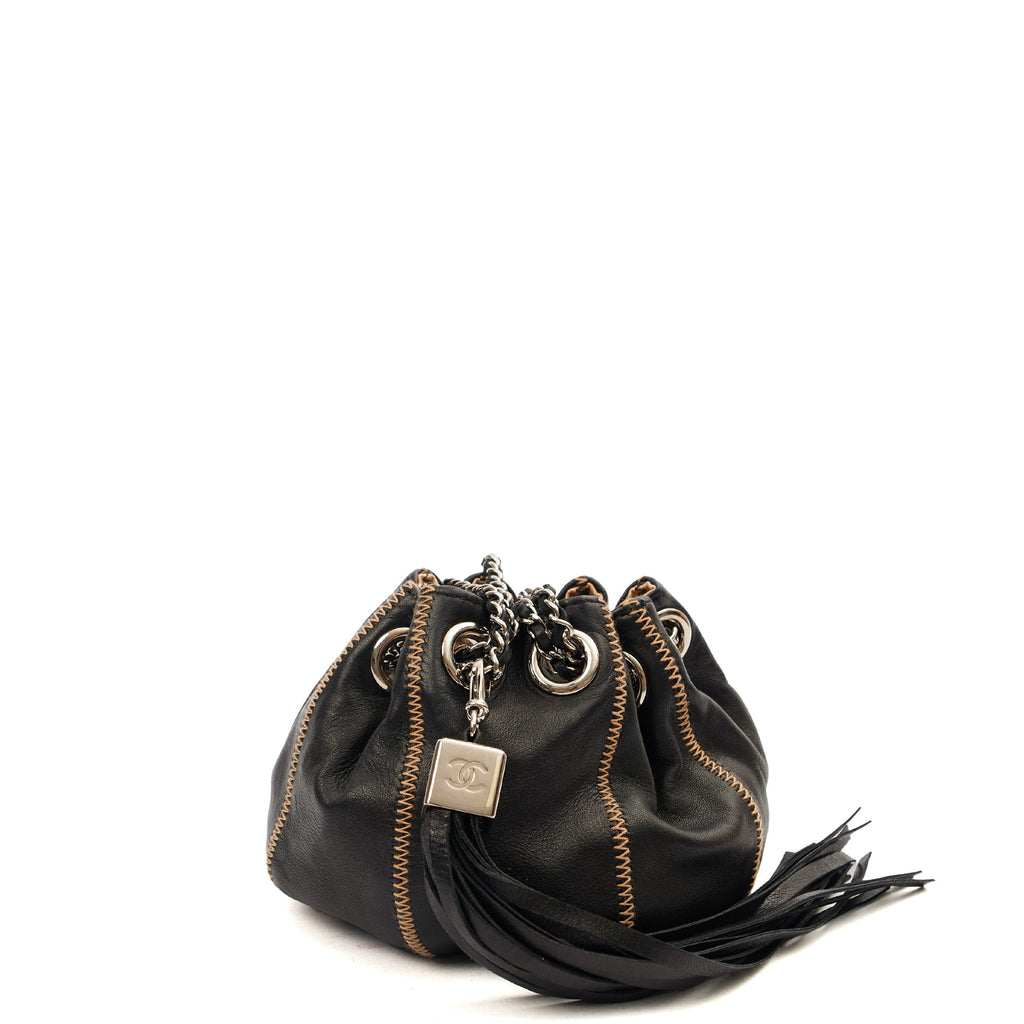Chanel Mini Bag Bucket Bag in Black, Lambskin Leather — Front View