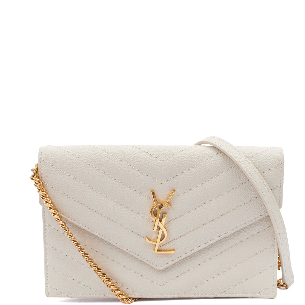Saint Laurent Cross Body Envelope Wallet on Chain in Neutral, Calfskin Leather — Front View