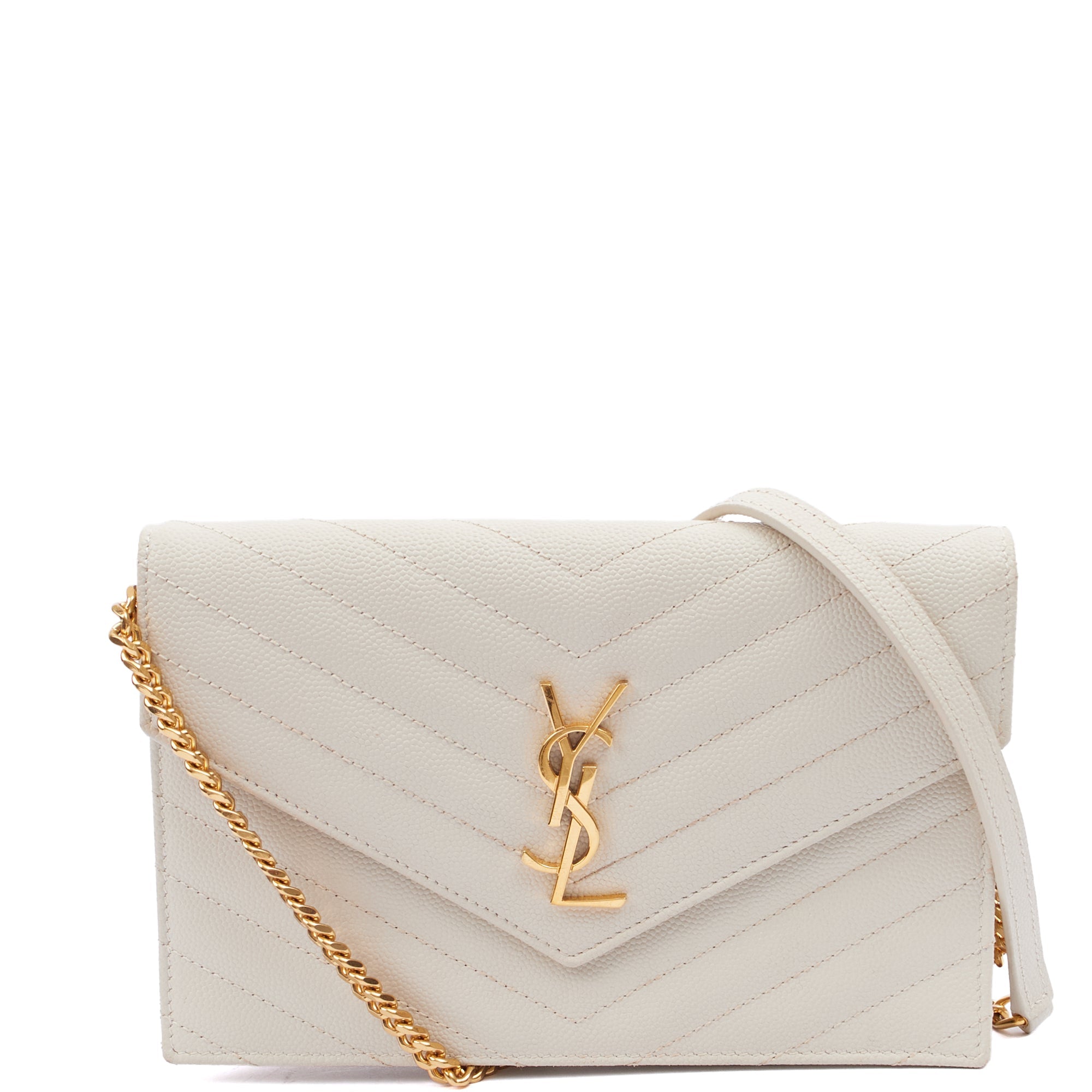 Saint Laurent Cross Body Envelope Wallet on Chain in Neutral, Calfskin Leather — Front View