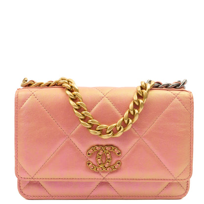 Chanel Cross Body Chanel 19 Wallet On Chain in Pink, Calfskin Leather — Front View