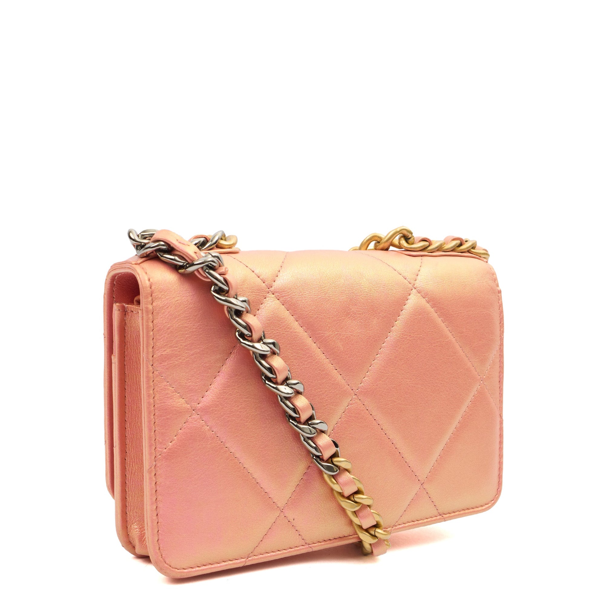 Chanel Cross Body Chanel 19 Wallet On Chain in Pink, Calfskin Leather — Side View