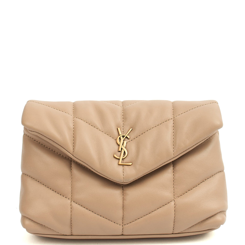 Saint Laurent Cosmetic Bag Puffer Pouch - Small in Neutral, Leather — Front View