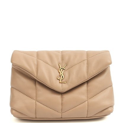 Saint Laurent Cosmetic Bag Puffer Pouch - Small in Neutral, Leather — Front View