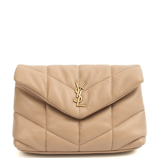 Saint Laurent Cosmetic Bag Puffer Pouch - Small in Neutral, Leather — Front View
