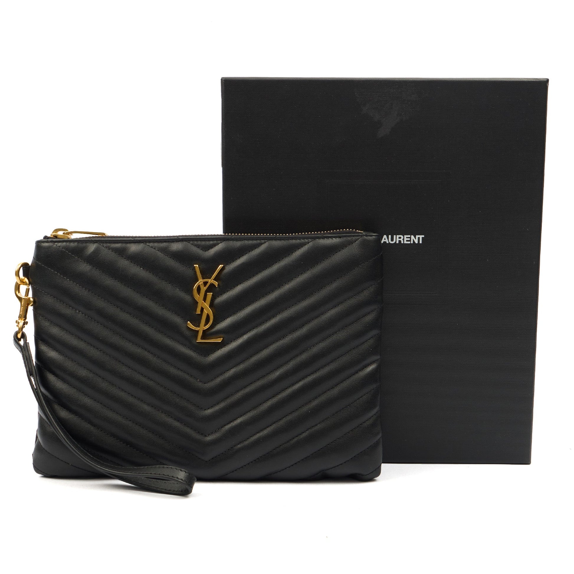 Saint Laurent Clutch Monogram Pouch A5 in Taupe, Leather — Lifestyle View