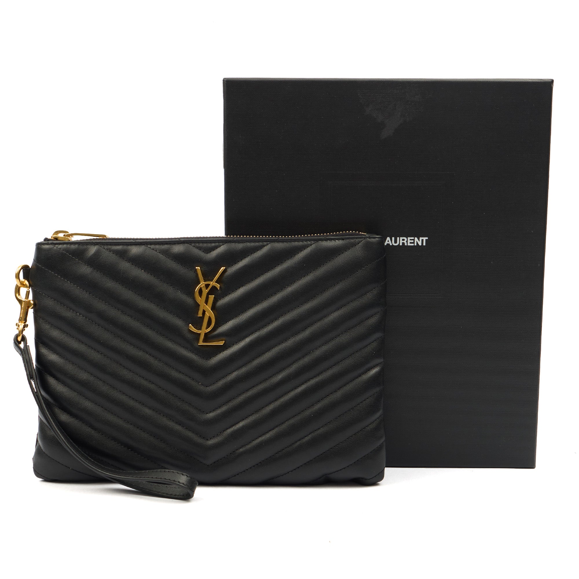 Saint Laurent Clutch Monogram Pouch A5 in Taupe, Leather — Lifestyle View