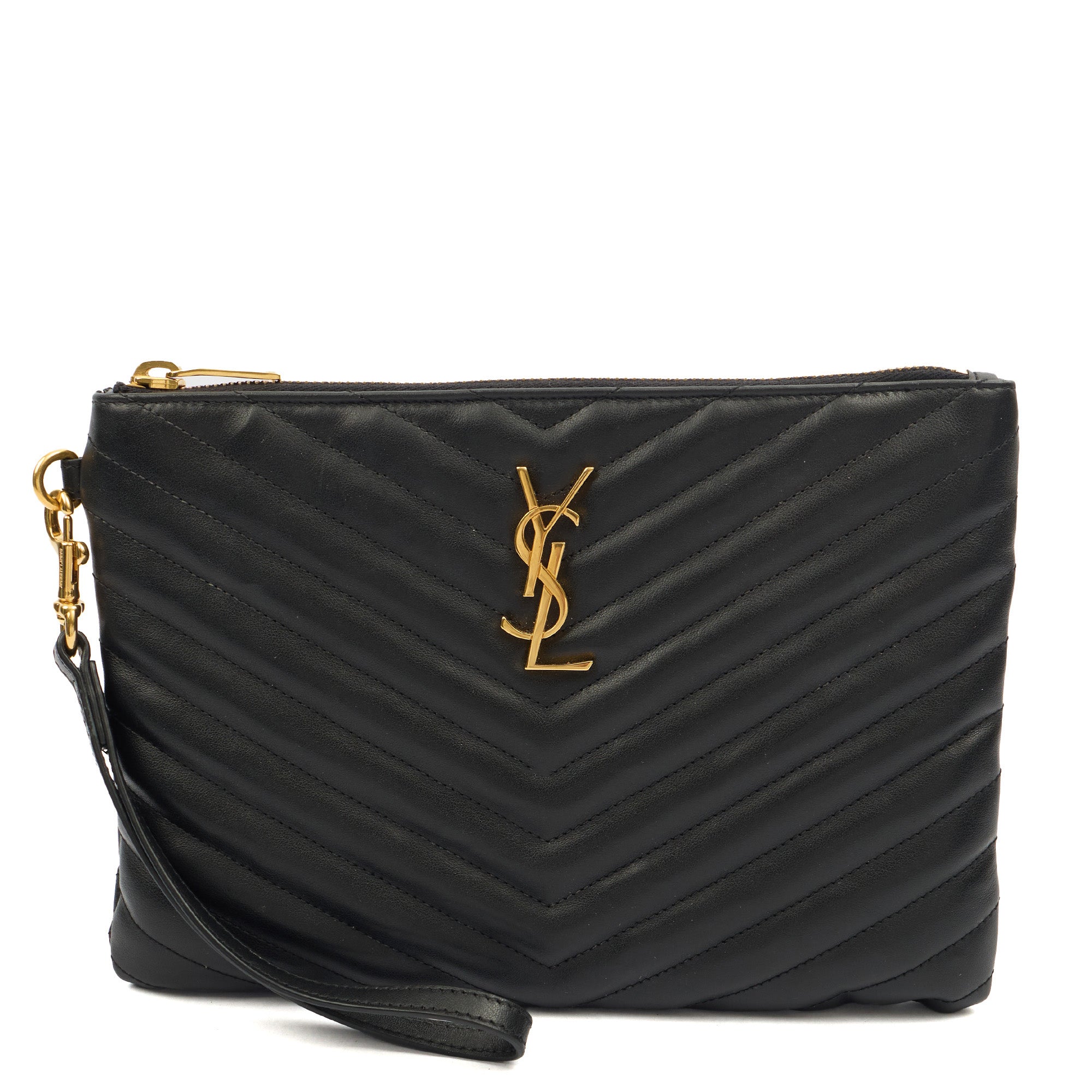 Saint Laurent Clutch Monogram Pouch A5 in Taupe, Leather — Front View