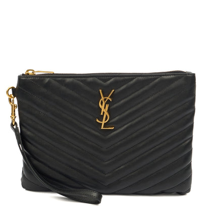 Saint Laurent Clutch Monogram Pouch A5 in Taupe, Leather — Front View