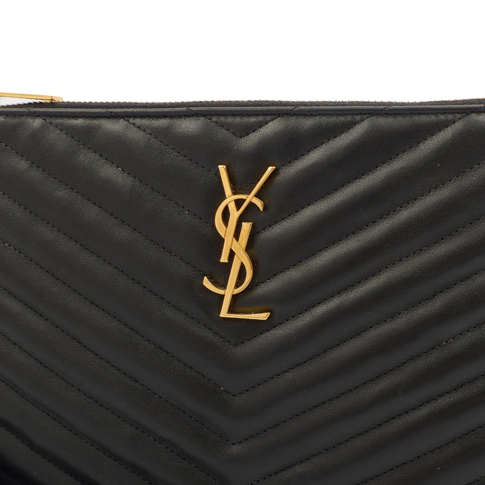 Saint Laurent Clutch Monogram Pouch A5 in Taupe, Leather — Detail View
