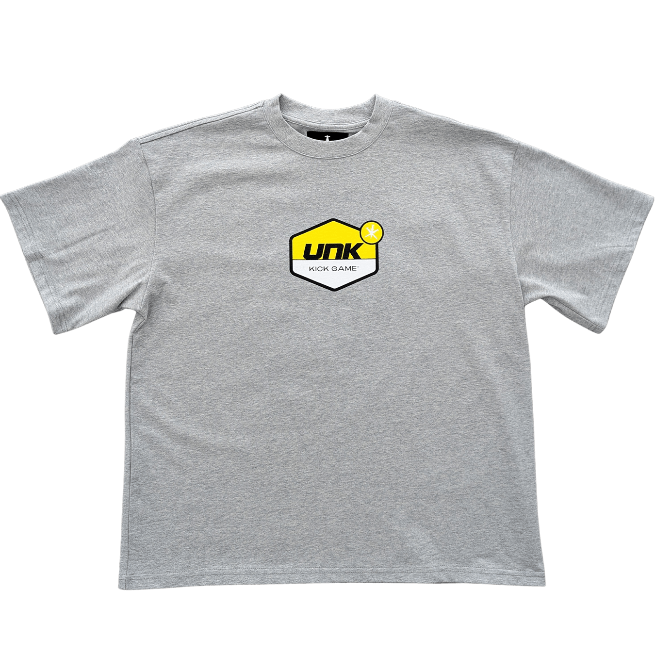 Unknown x Kick Game Tee 'Grey Yellow' — XXS — Front View