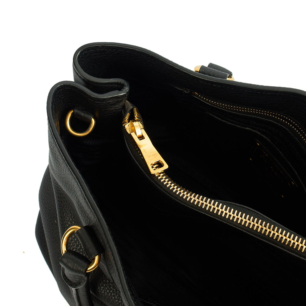 Prada Tote Vitello Daino Tote in Black, Calfskin — Detail View