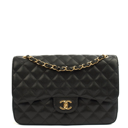Chanel Shoulder Bag Classic Double Flap - Large in Black, Caviar Leather — Front View