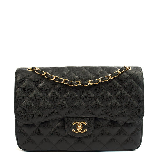 Chanel Shoulder Bag Classic Double Flap - Large in Black, Caviar Leather — Front View