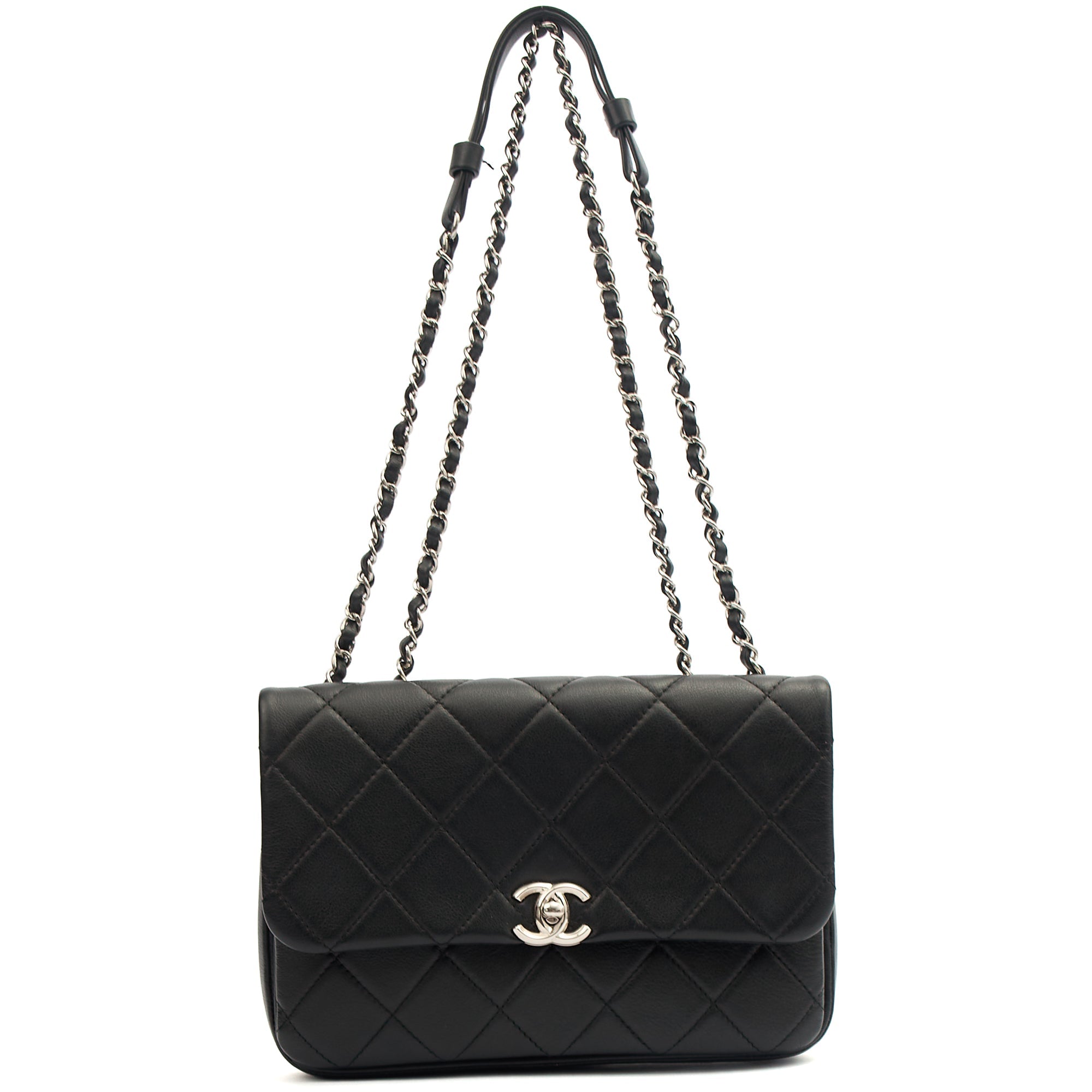 Chanel Shoulder Bag Flap Bag in Black, Calfskin Leather — Front View
