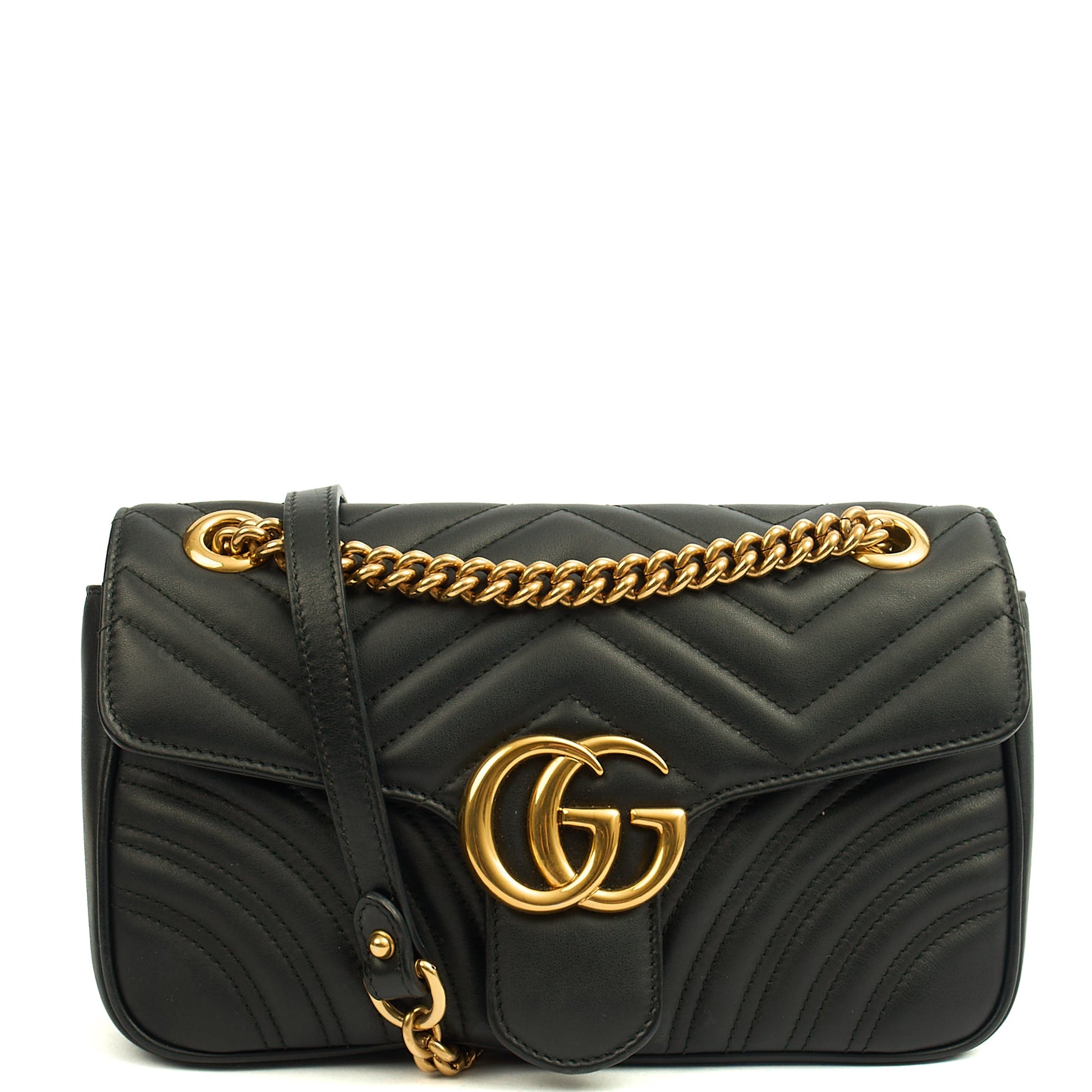 Gucci Cross Body Marmont Shoulder Flap Bag - Small in Black, Leather — Front View