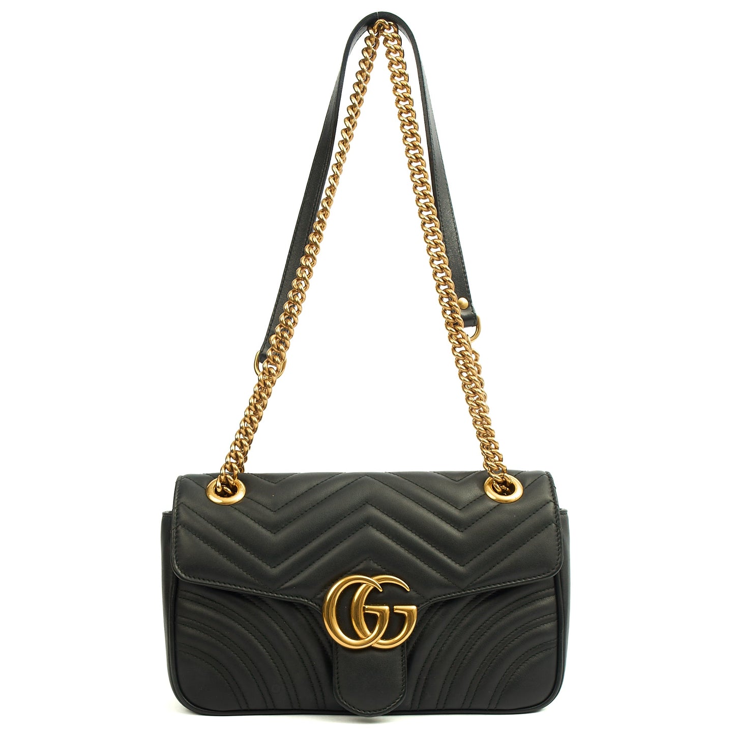 Gucci Cross Body Marmont Shoulder Flap Bag - Small in Black, Leather — Lifestyle View