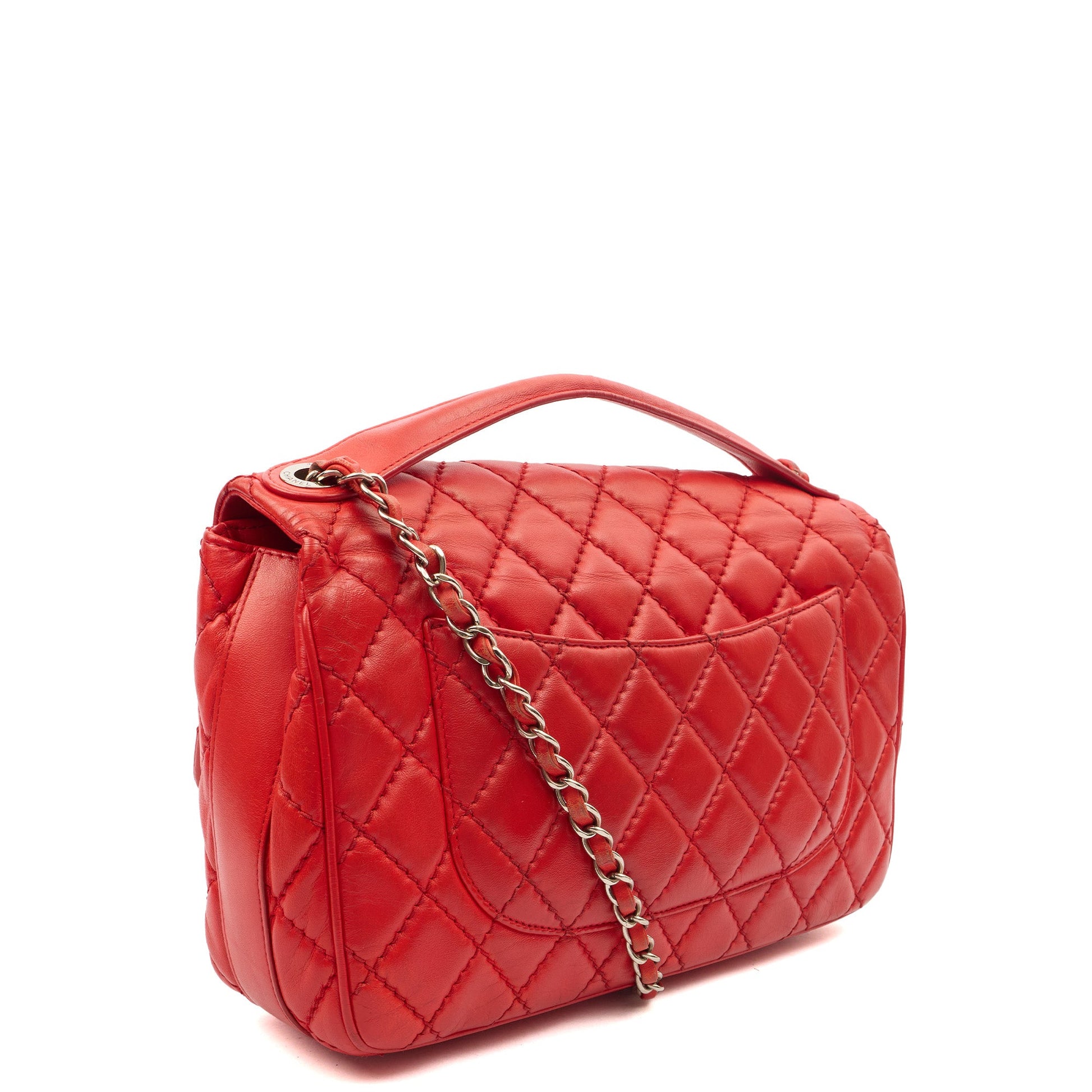 Chanel Shoulder Bag Carry Around Flap Bag in Red, Calfskin Leather — Side View