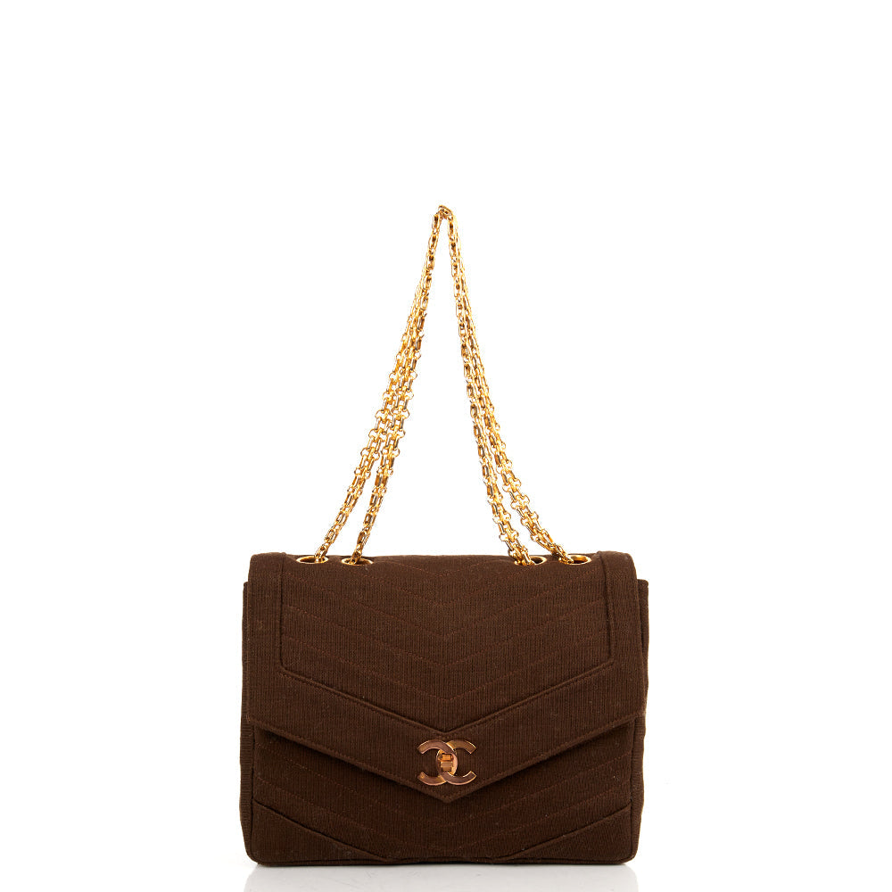 Chanel Shoulder Bag Vintage Flap Bag  in Brown Fabric — Front View