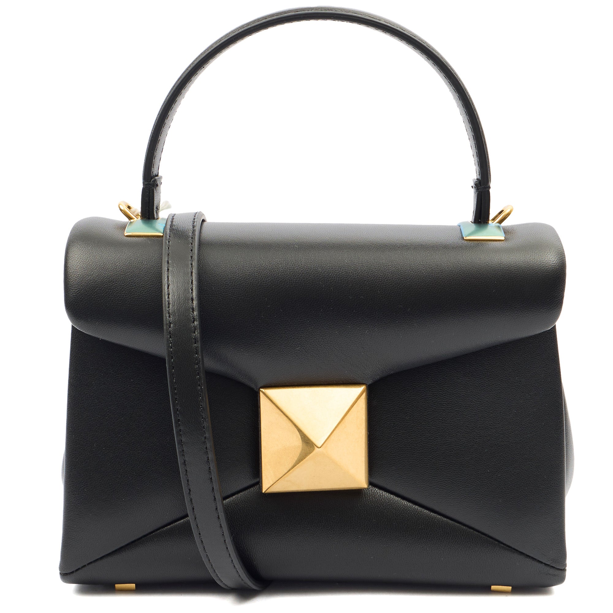Valentino Top Handle Roman Stud The Handle Bag - Small in Black, Calfskin — Front View