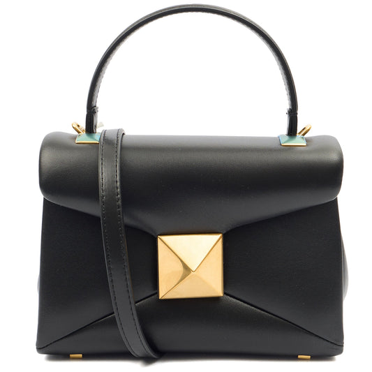 Valentino Top Handle Roman Stud The Handle Bag - Small in Black, Calfskin — Front View