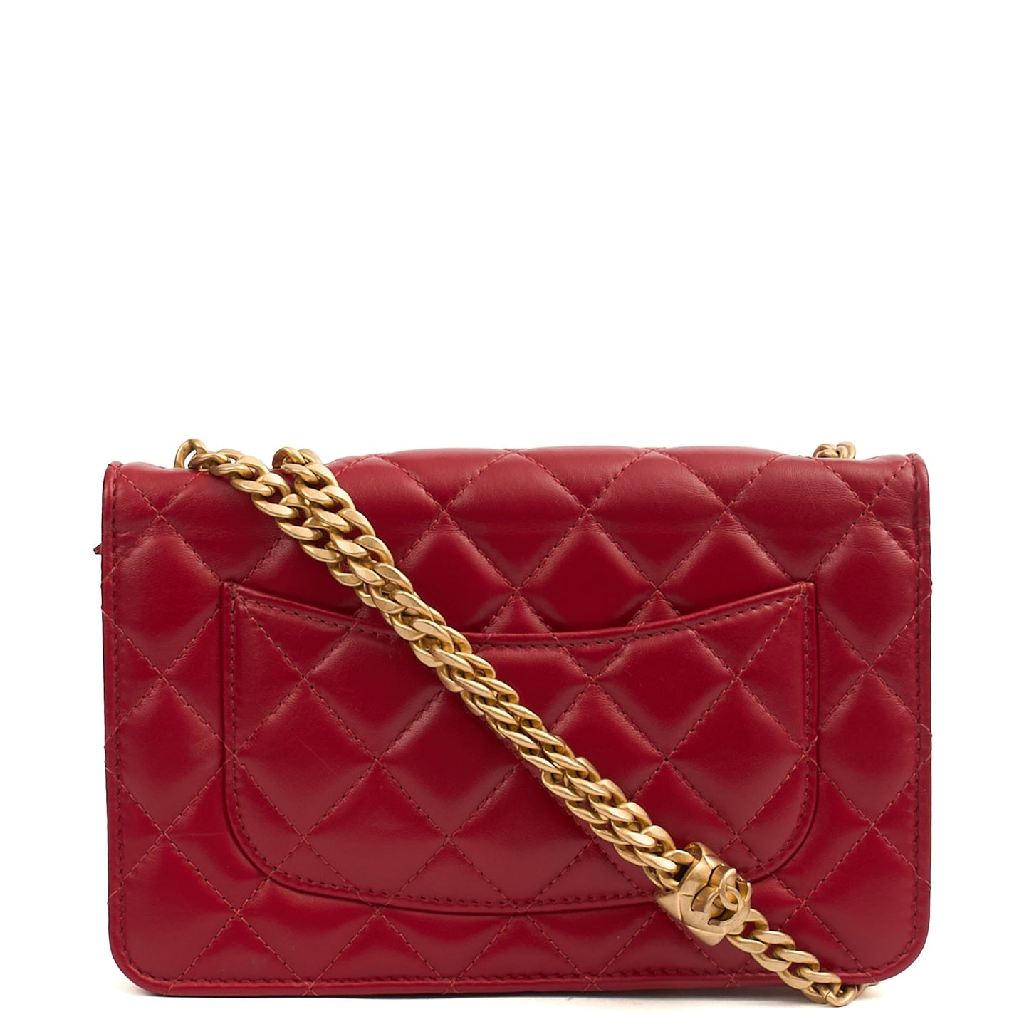 Chanel Cross Body Pearl Crush Wallet on Chain in Red, Lambskin Leather — Back View