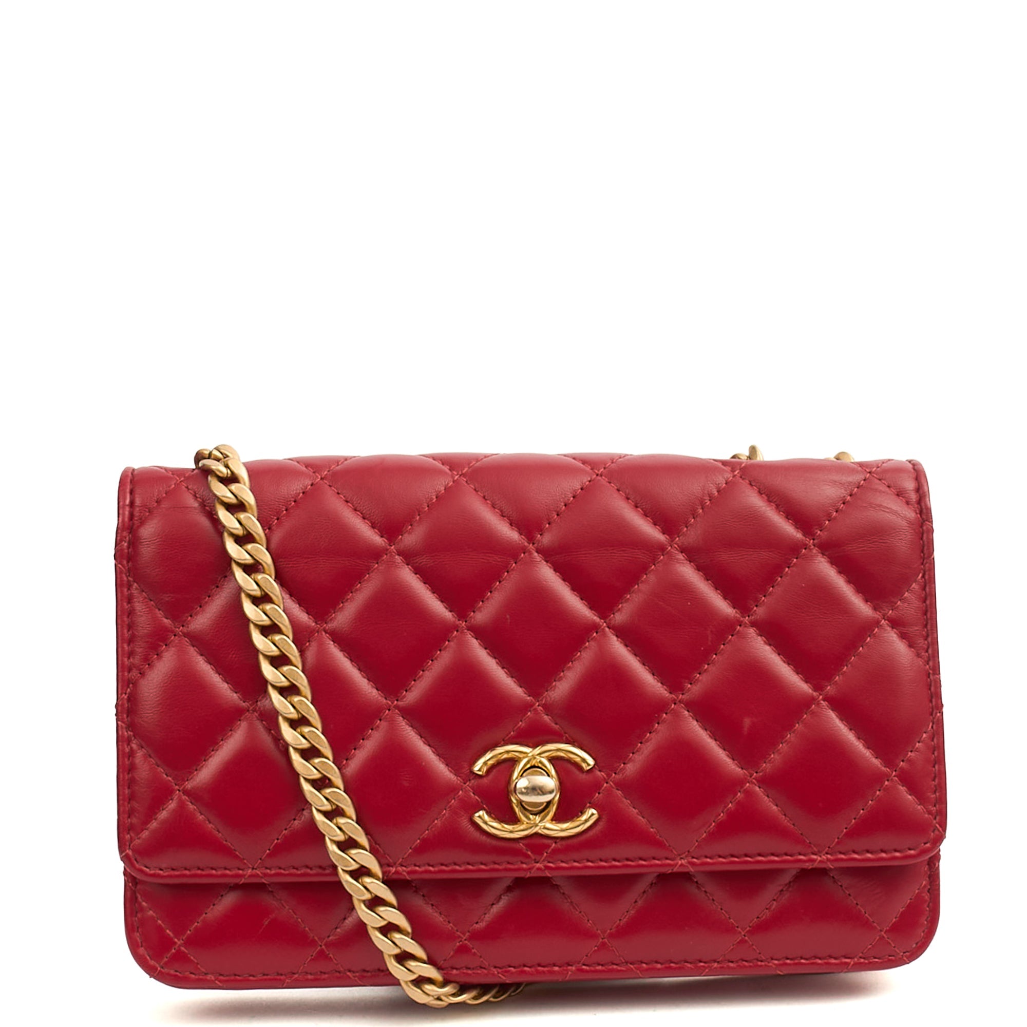 Chanel Cross Body Pearl Crush Wallet on Chain in Red, Lambskin Leather — Front View