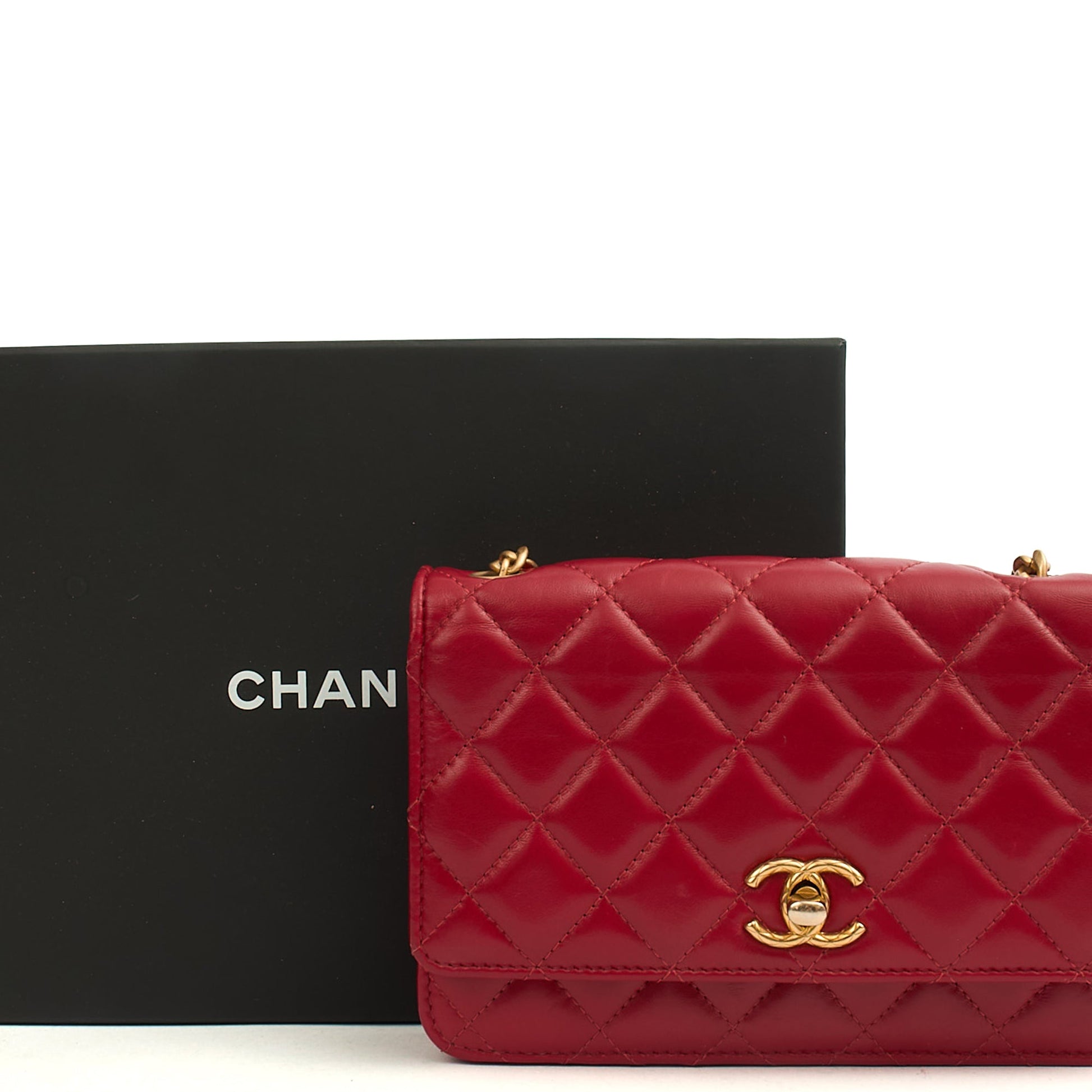 Chanel Cross Body Pearl Crush Wallet on Chain in Red, Lambskin Leather — Lifestyle View