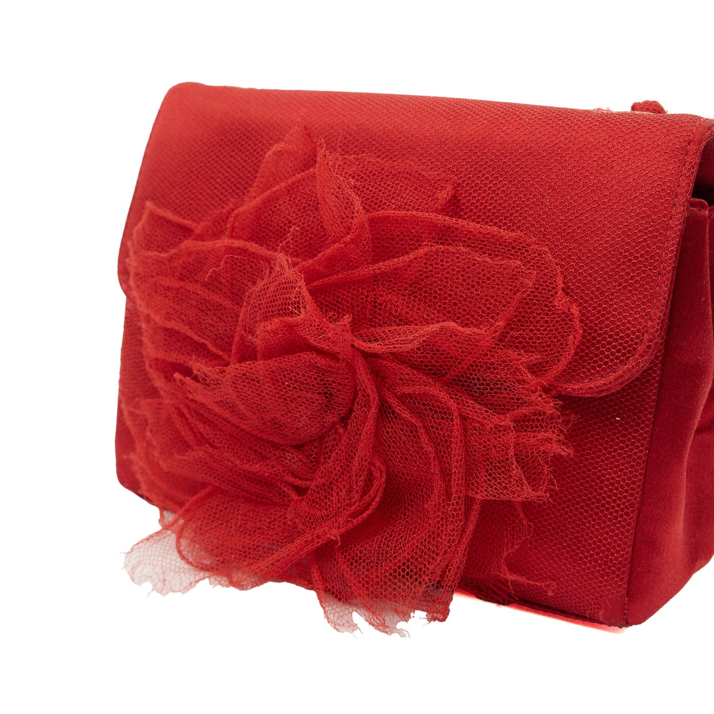 Chanel Mini Bag Camellia Clutch in Red, Fabric — Detail View
